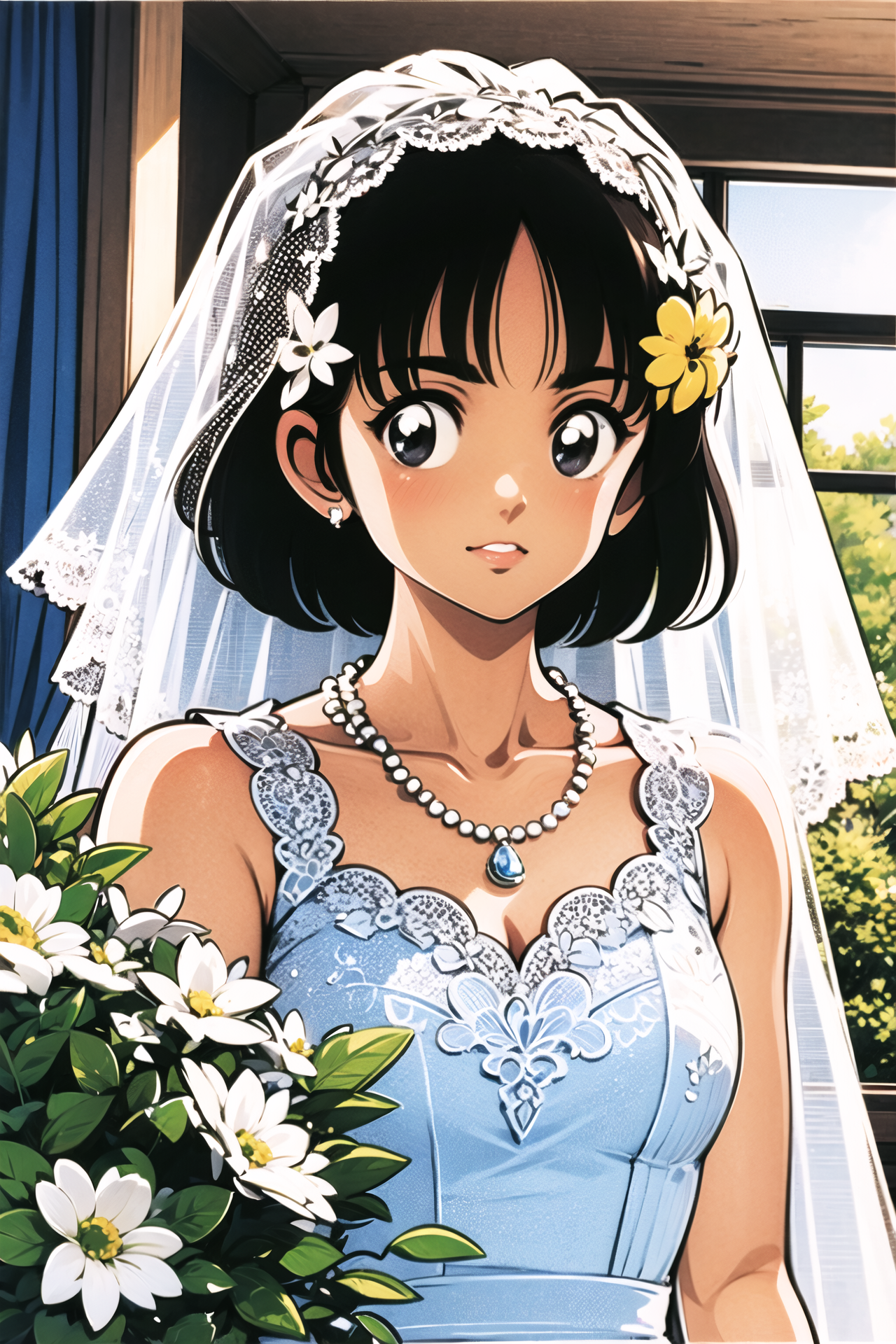 12116-4163360820-1girl, jewelry, solo, flower, necklace, black hair, dress, short hair, hair ornament, veil, hair flower, white flower, wedding d.png